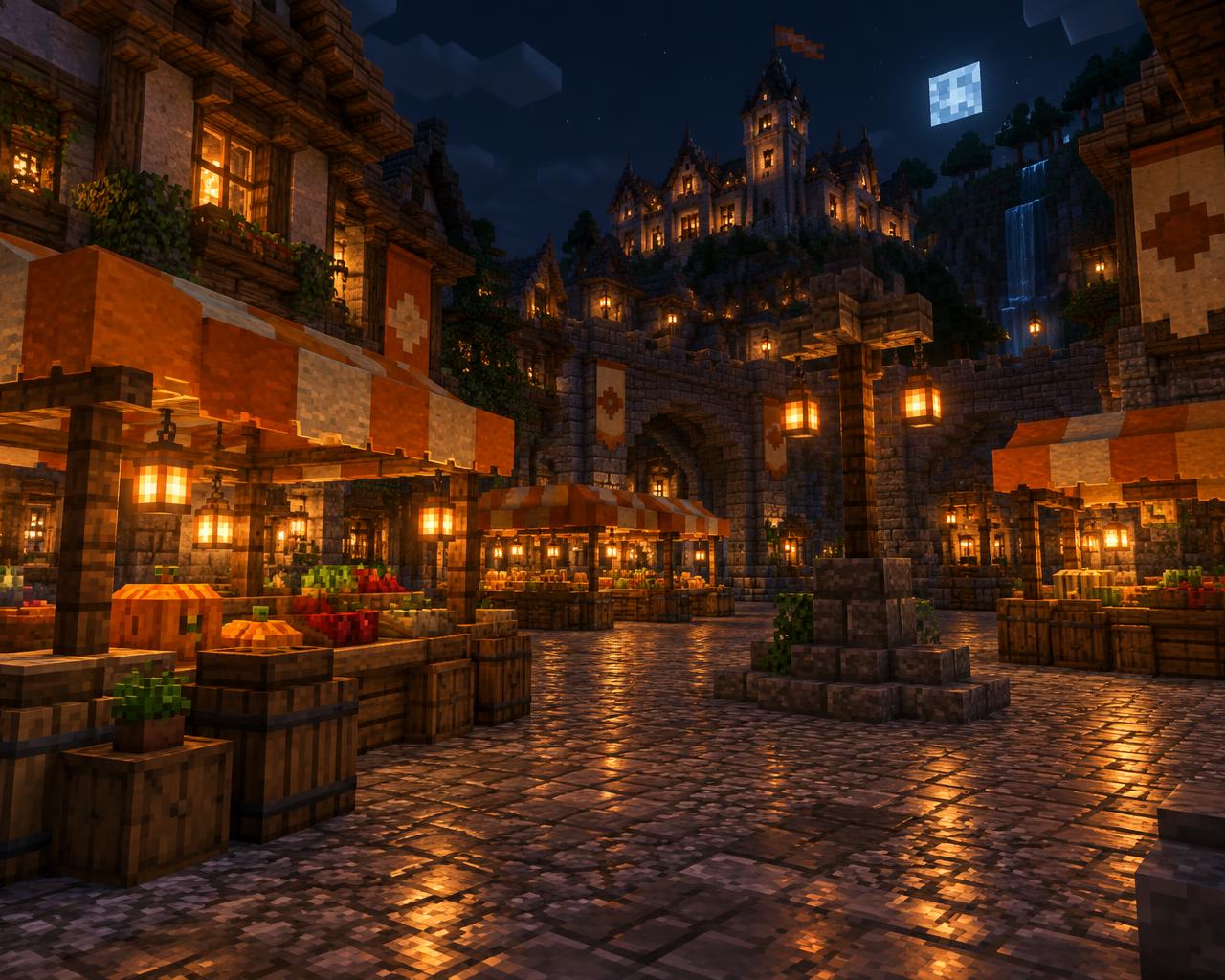 A lantern-lit town district built by players